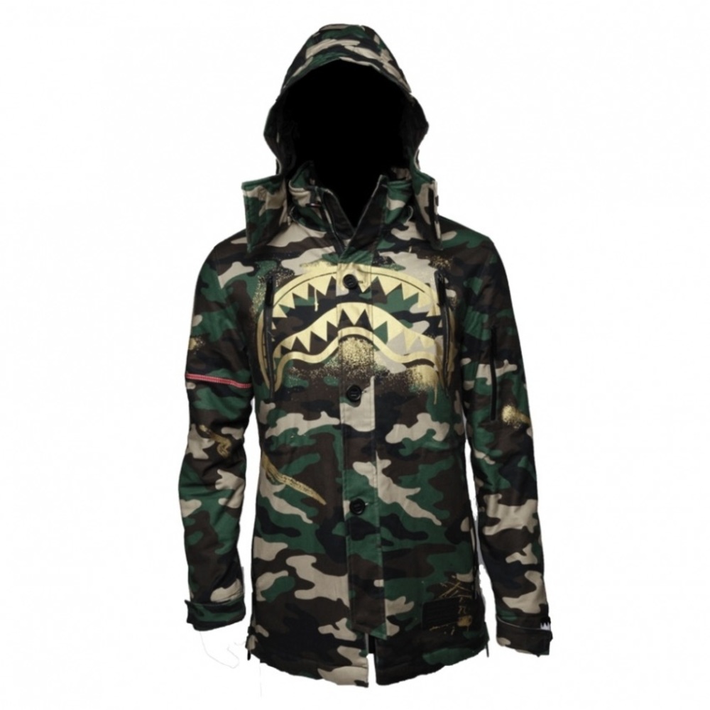 Sprayground Men's Gold Stencil Shark Camo Parka Jacket: Camo